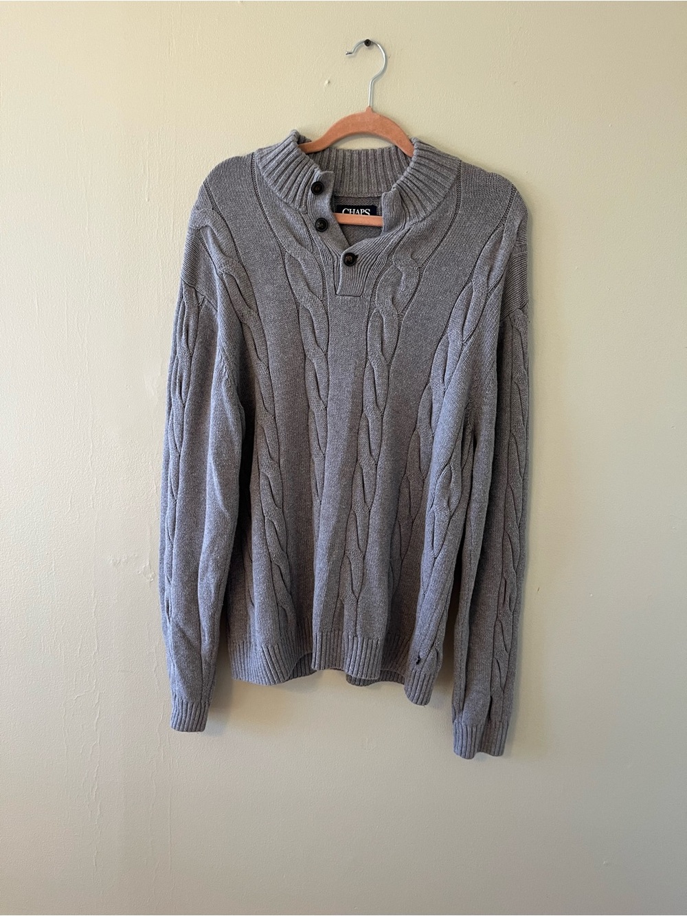 Chaps Men's Light Gray Cable Knit Sweater three-button placket. 100% Cotton